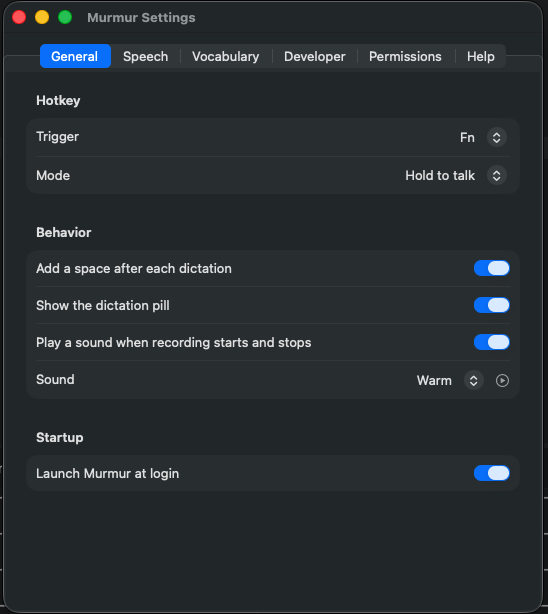 Murmur's Settings window: hotkey trigger and mode, behavior toggles for spacing, the dictation pill and sounds, and launch at login